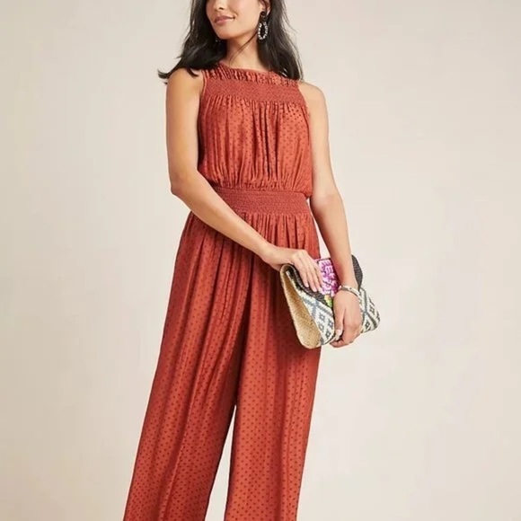 Anthro DRA Potter Jumpsuit Rust Copper Polka Dot Smocked SZ S - Picture 4 of 13
